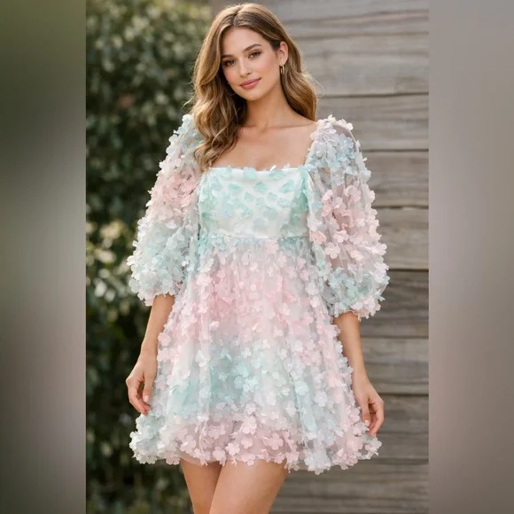 NWT Storia by Anthropologie Rainbow Floral Babydoll Mini Dress Spring SMALL - Picture 1 of 7